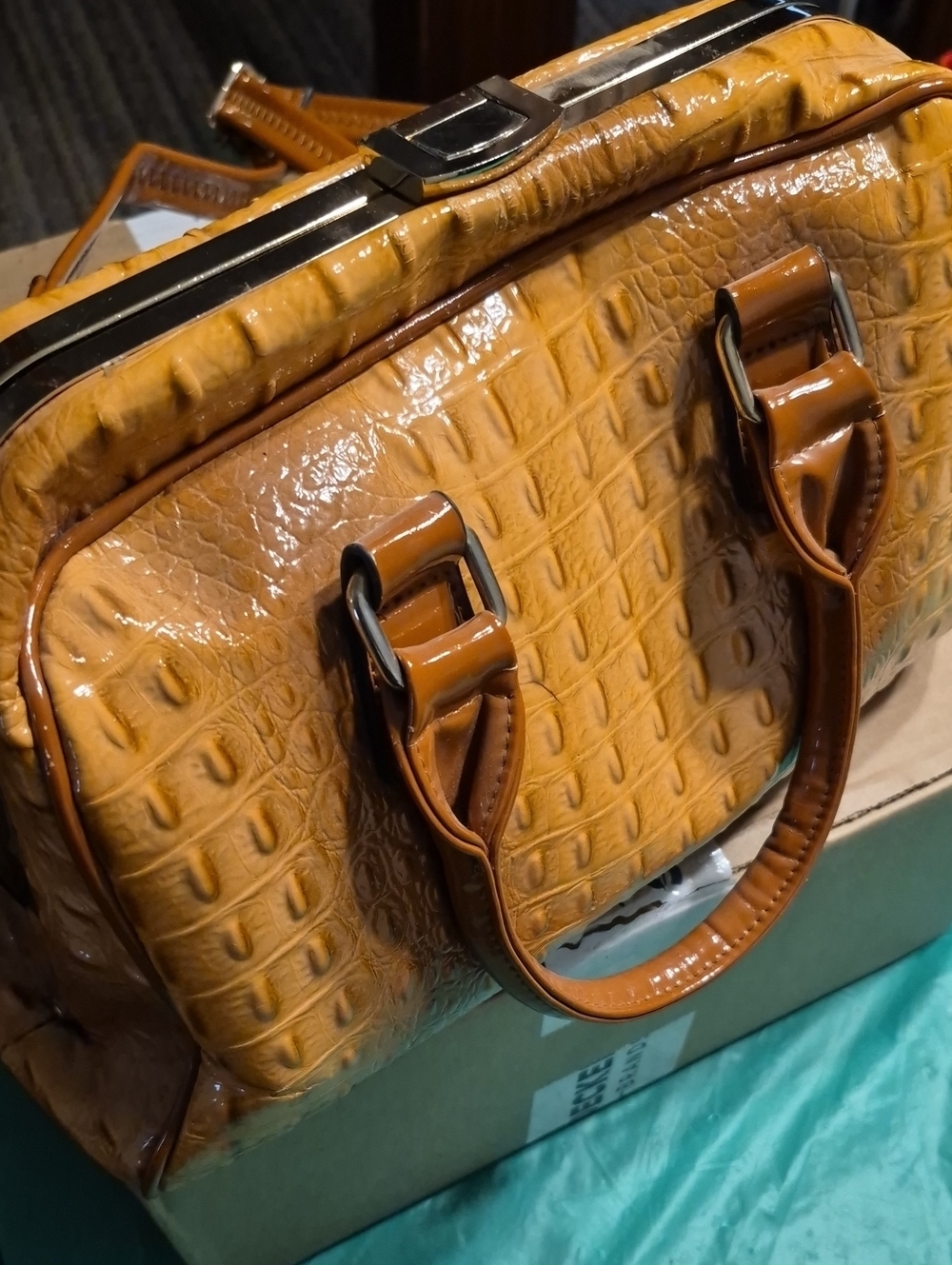 Structured Croc-Texture Satchel Bag in Cognac Brown